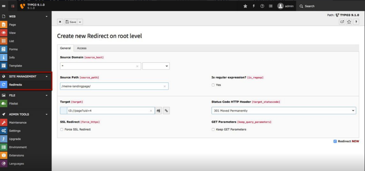 Typo3 9 LTS - Sprint Release 9.1.0 Redirects Modul