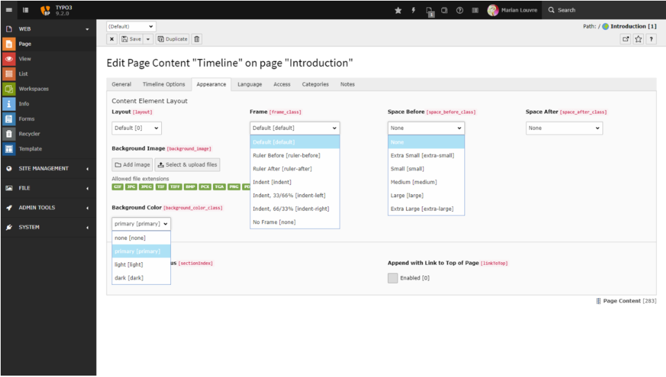 Typo3 v9.2.0. Admin Panel modernisiert