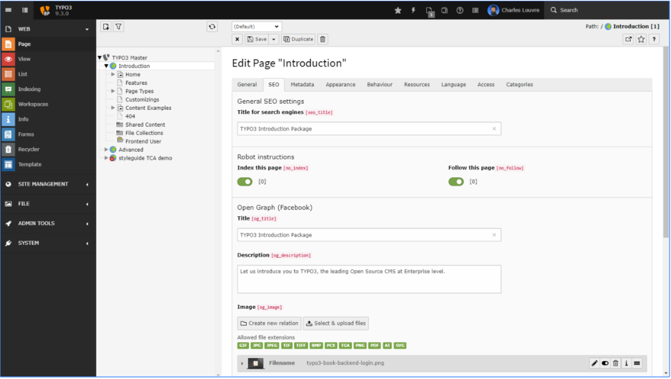 Typo3 Version 9.3.0 bringt einen neuen SEO Reiter im Frontend