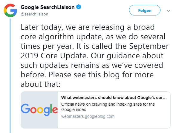 Tweet der Google @SearchLiason zur Update Ankündigung