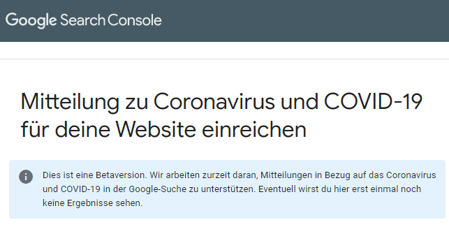 Screenshot Google Search Console Covid 19 Mitteilungen