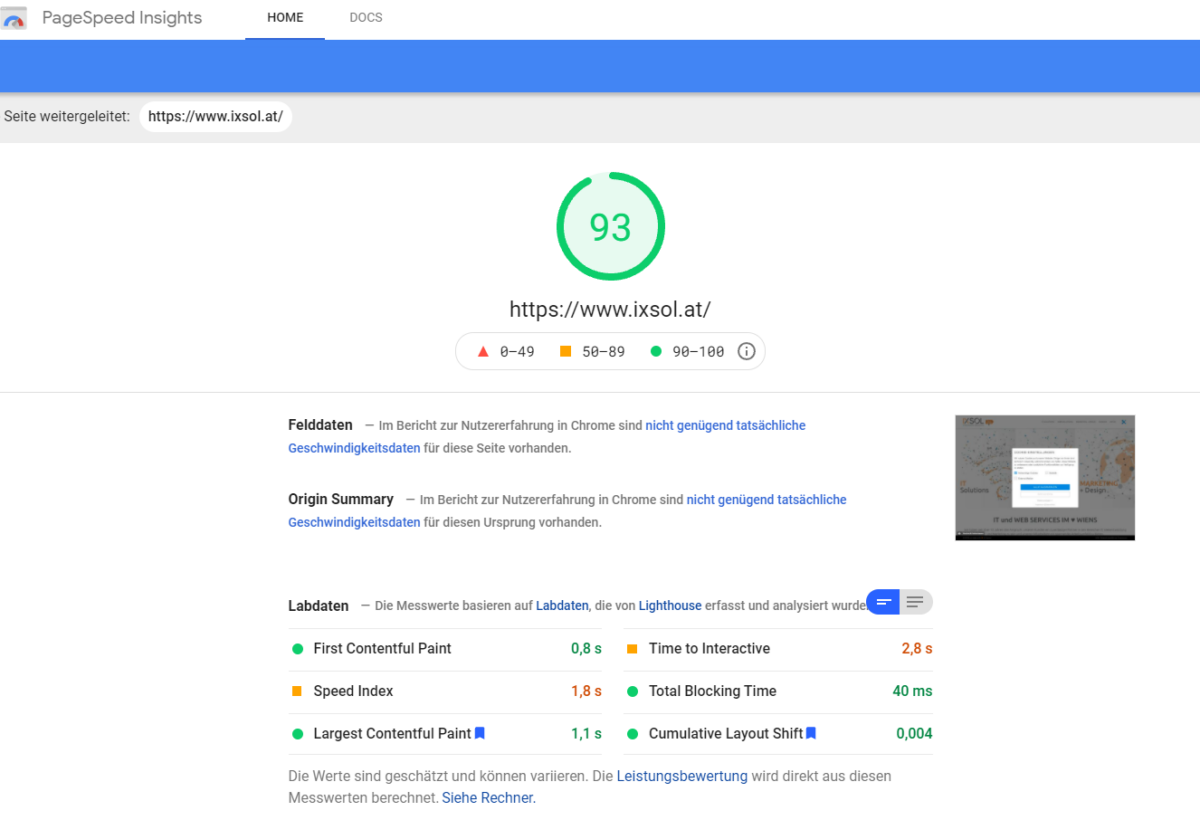 screenshot pagespeed ixsol.at
