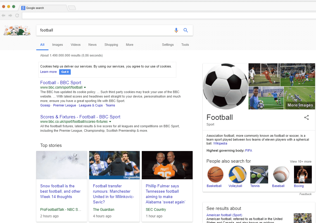 Google Suchergebnis für die Anfrage "Football" vom Standort Kentucky (USA) aus