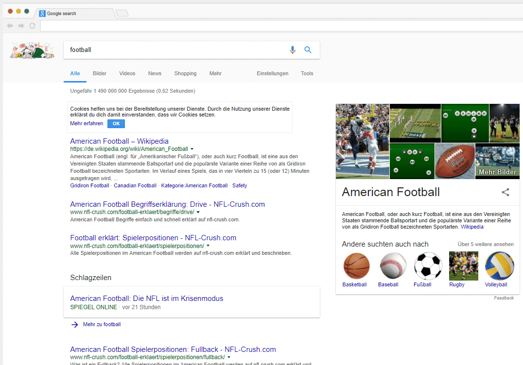 Google Suchergebnis für die Anfrage "Football" vom Standort Berlin (Deutschland) aus