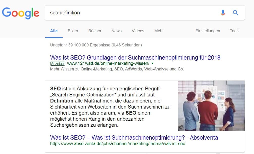 Featured Snippets Definitionen in den Suchergebnissen
