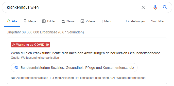 Rich Snippet der WHO zum richtigen Verhalten bei Krankheitsverdacht